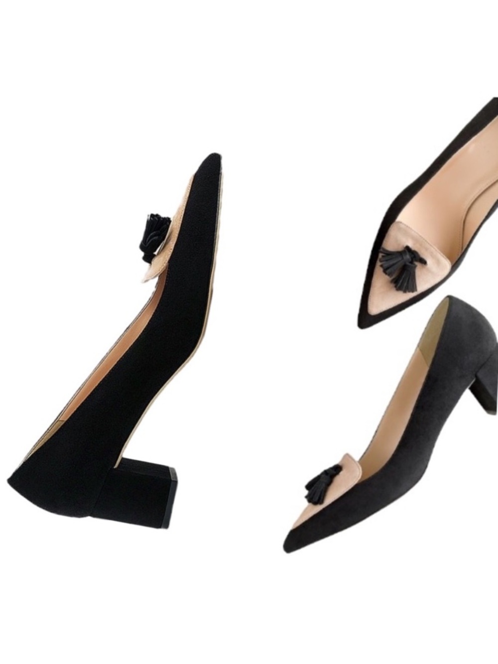 J. Crew Avery Black & Beige Suede Tassel Block Heels - 6
